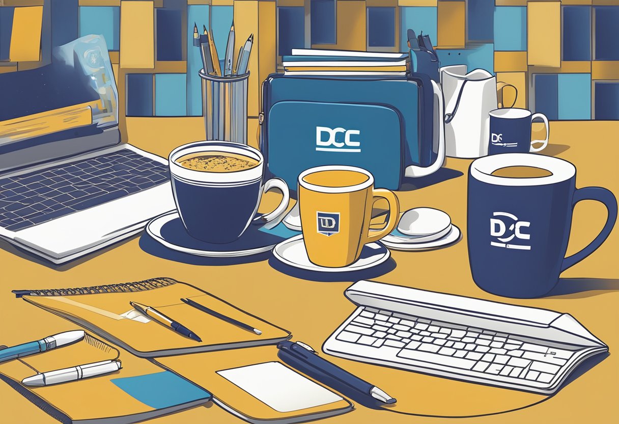 A table adorned with branded corporate gifts, including mugs, pens, and notebooks, with the DC9 logo prominently displayed