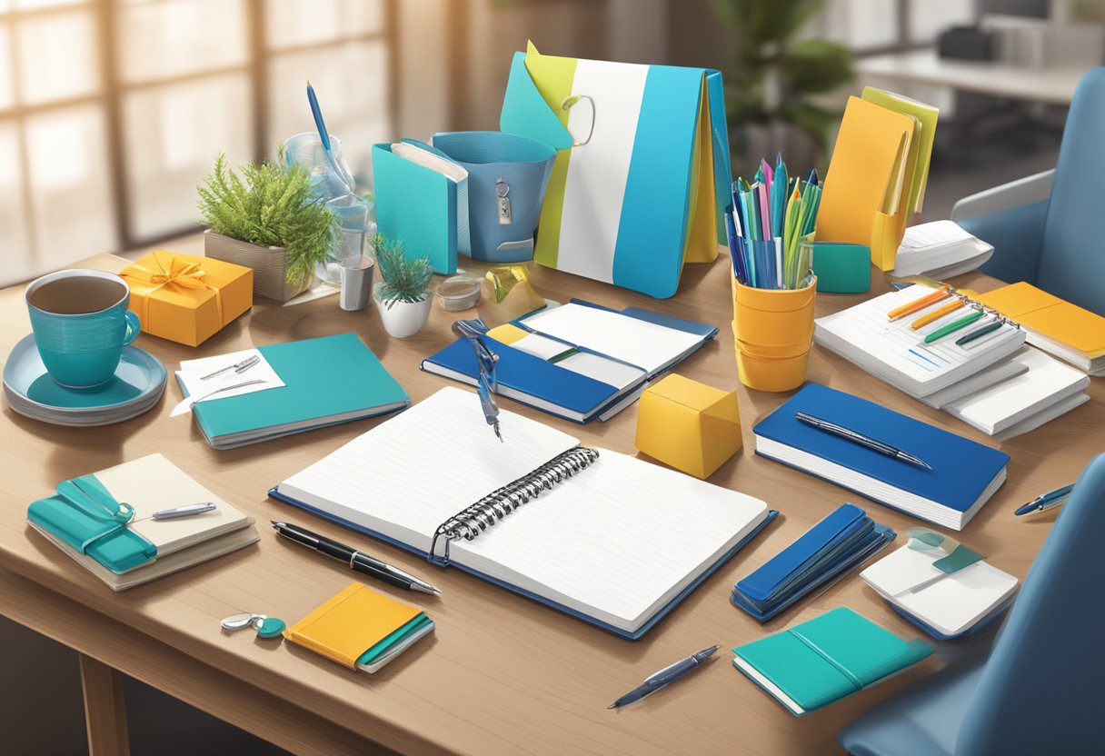 A table adorned with various corporate gift options, including customizable items like branded pens, notebooks, and gift baskets. Bright and professional setting
