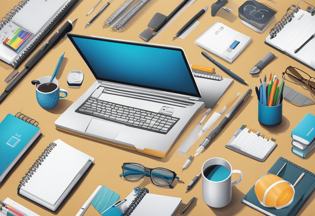 A conference table with a variety of branded corporate gifts displayed, including custom pens, notebooks, and electronic gadgets