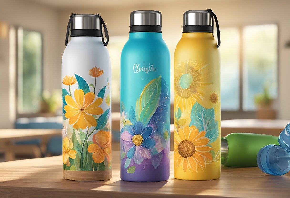 A customized water bottle sits on a wooden table, adorned with vibrant colors and personalized designs. The sunlight filters through a nearby window, casting a warm glow on the bottle's surface