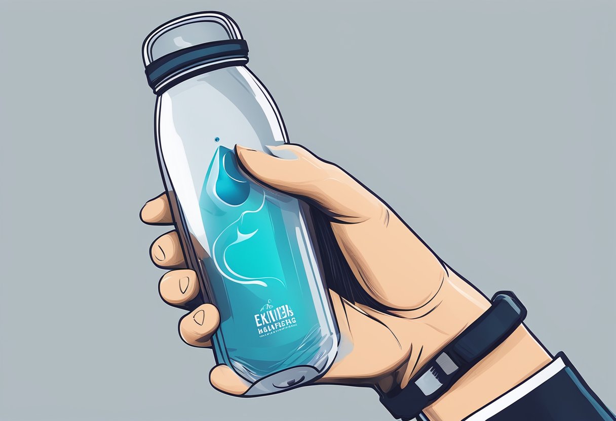 A hand reaches for a custom water bottle, with a sleek and modern design. The bottle features a personalized logo and vibrant color scheme