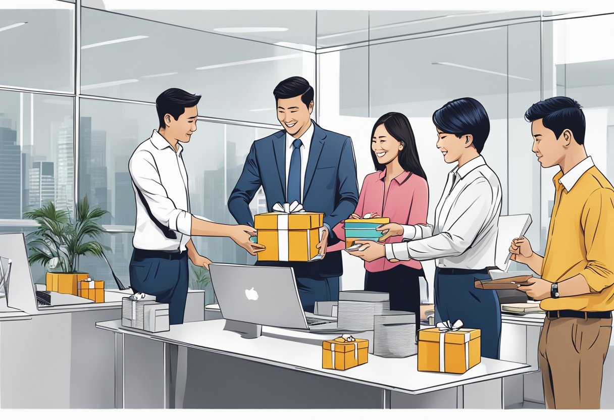 A group of professionals exchanging branded corporate gifts in a modern office setting in Singapore