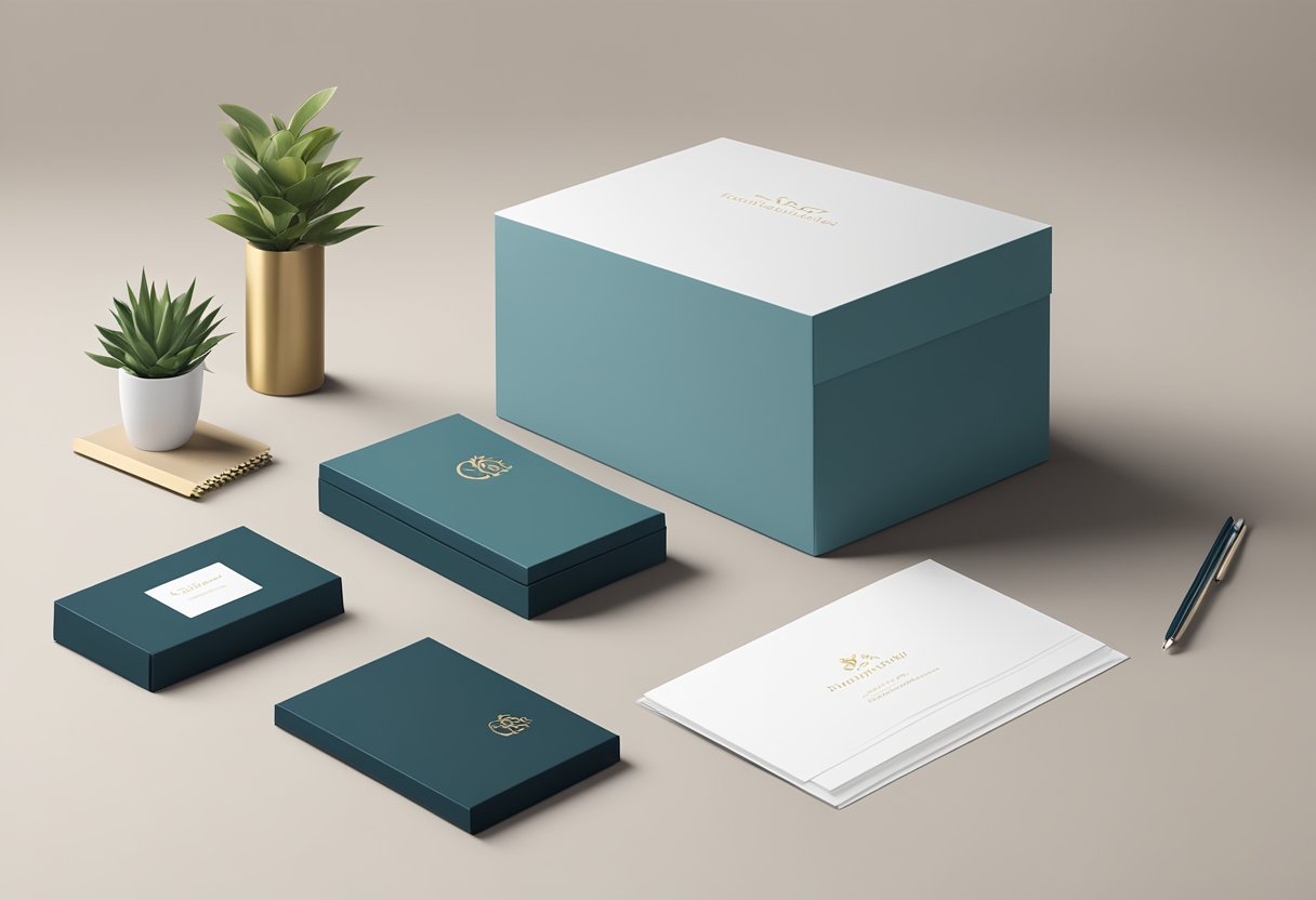 A sleek corporate gift box sits on a desk, branded with a company logo. It is surrounded by elegant stationery and a personalized note