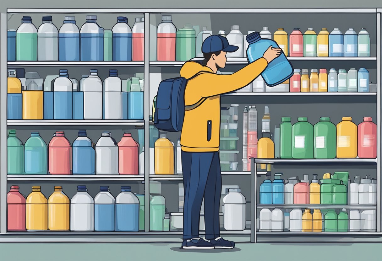 A hand reaches for a customized water bottle on a shelf, while a fulfillment center worker prepares the order for shipping