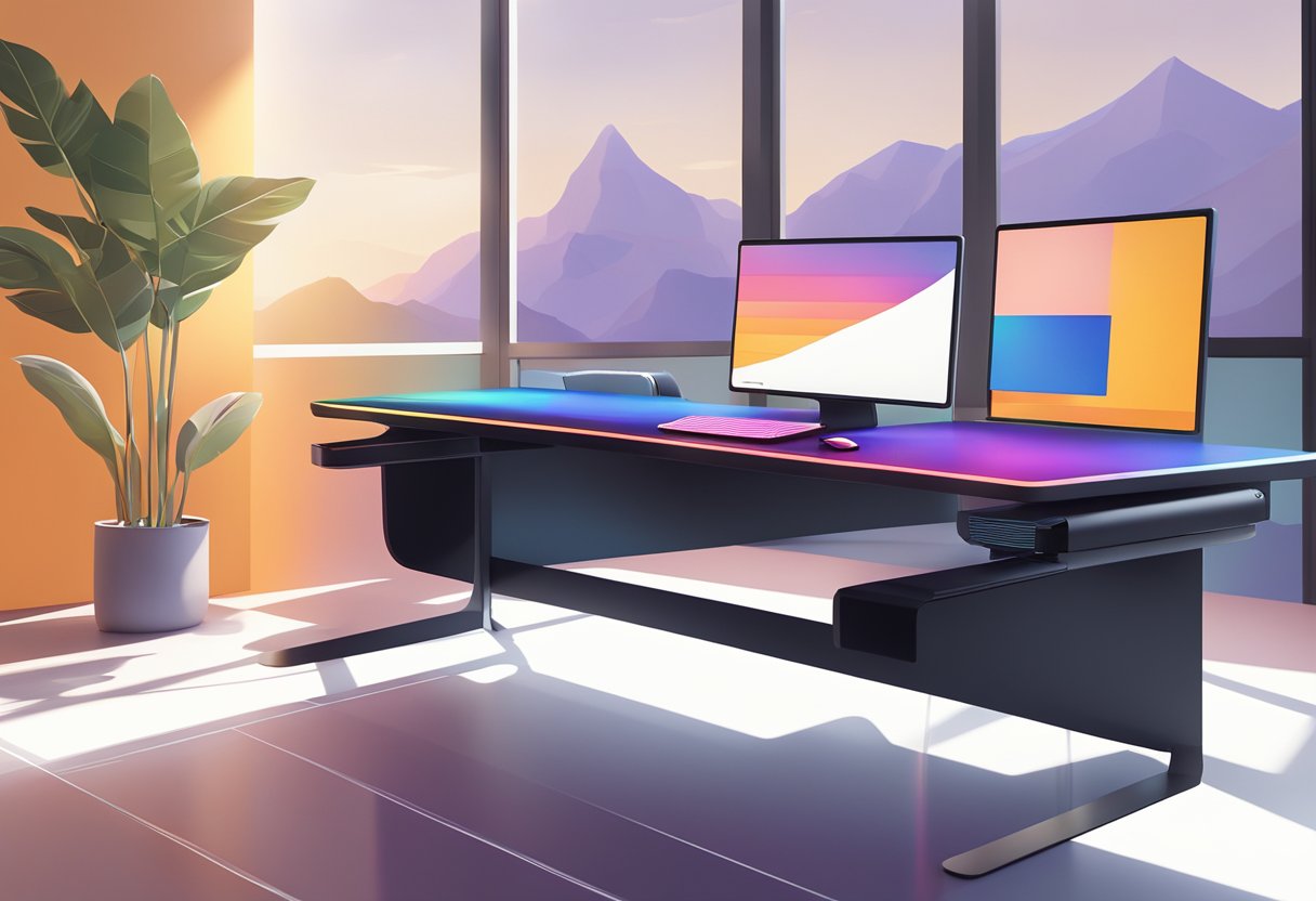 A sleek desk with a custom mouse pad, featuring a minimalist design and vibrant colors, sits in a well-lit room with a modern computer setup