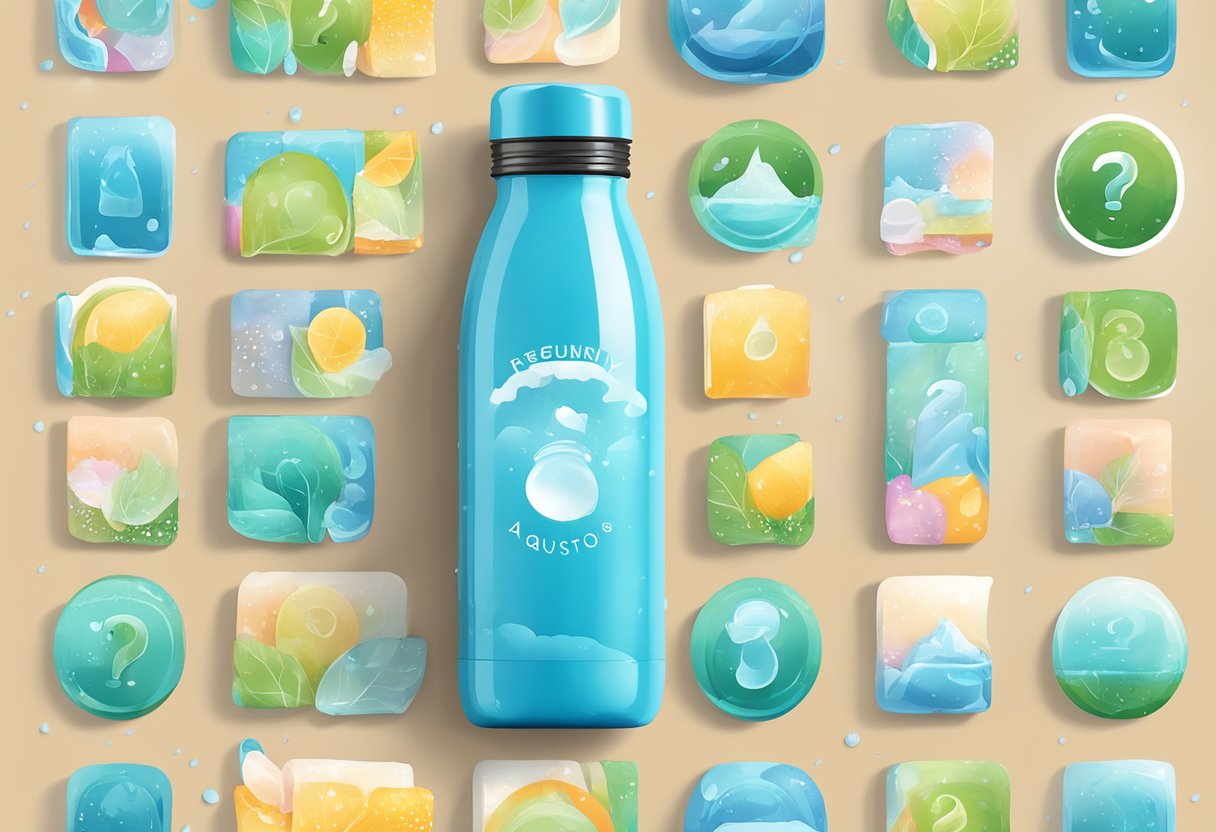 A customized water bottle with "Frequently Asked Questions" printed on it, surrounded by various water droplets and a refreshing backdrop