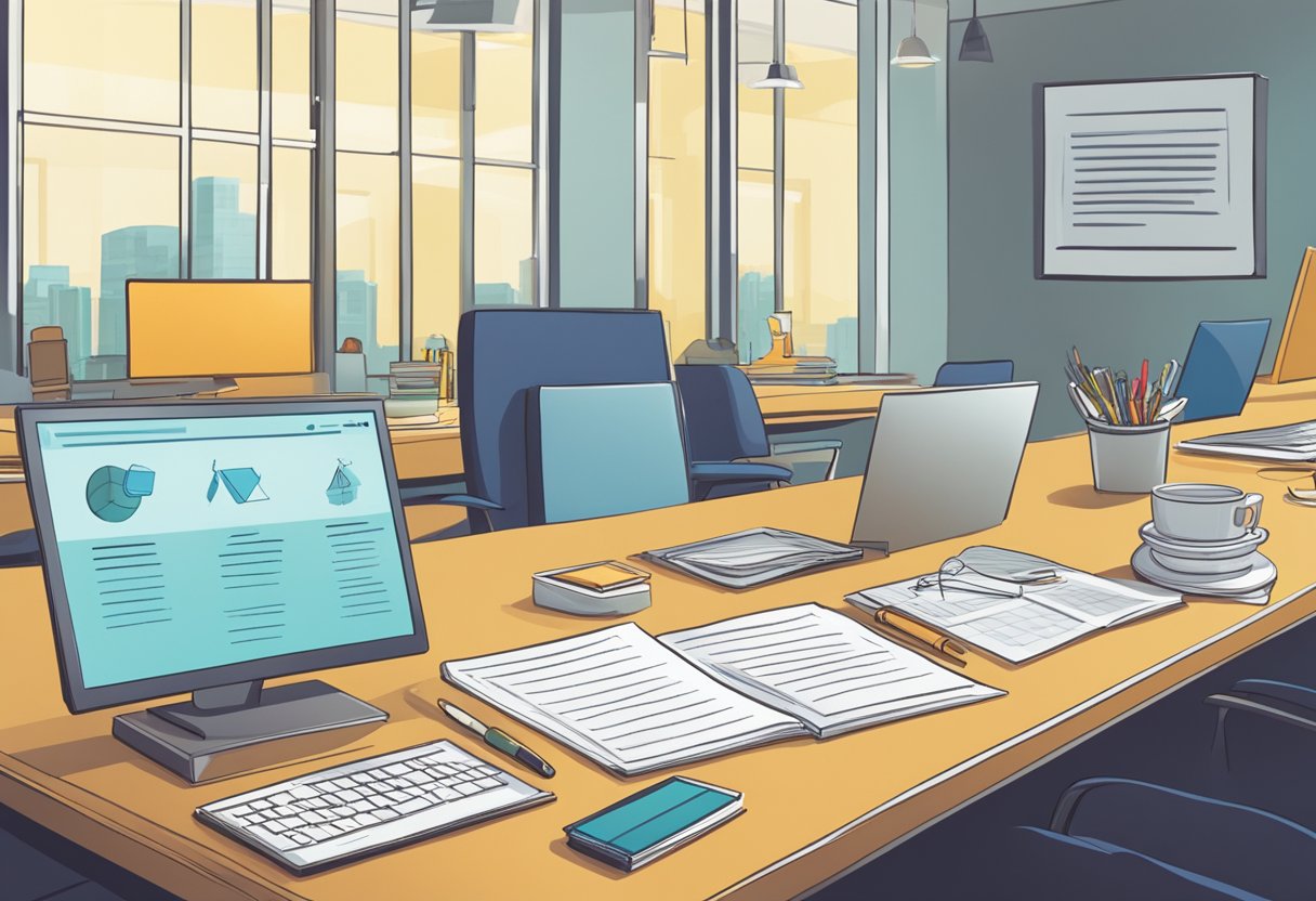 A table with various corporate gifts displayed, a sign with "Frequently Asked Questions" and a goal chart in the background