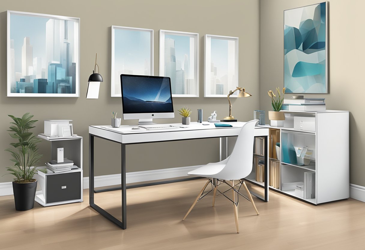 A sleek, modern office setting with branded corporate gifts displayed prominently on a polished desk or shelf. The gifts are high-quality and eye-catching, conveying a sense of professionalism and prestige
