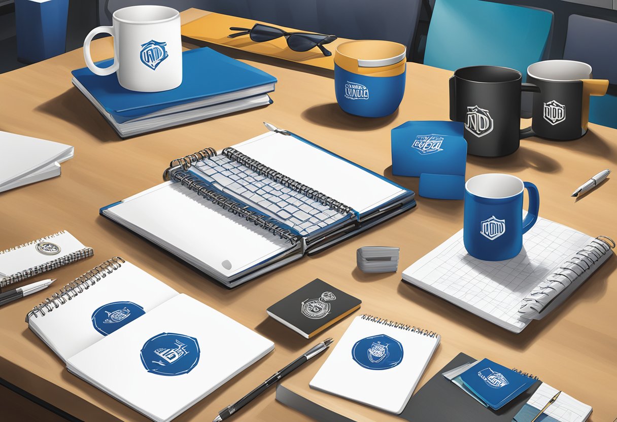 A table with branded dnd corporate gifts, including mugs, notebooks, and pens, displayed in an office setting with a logo prominently featured