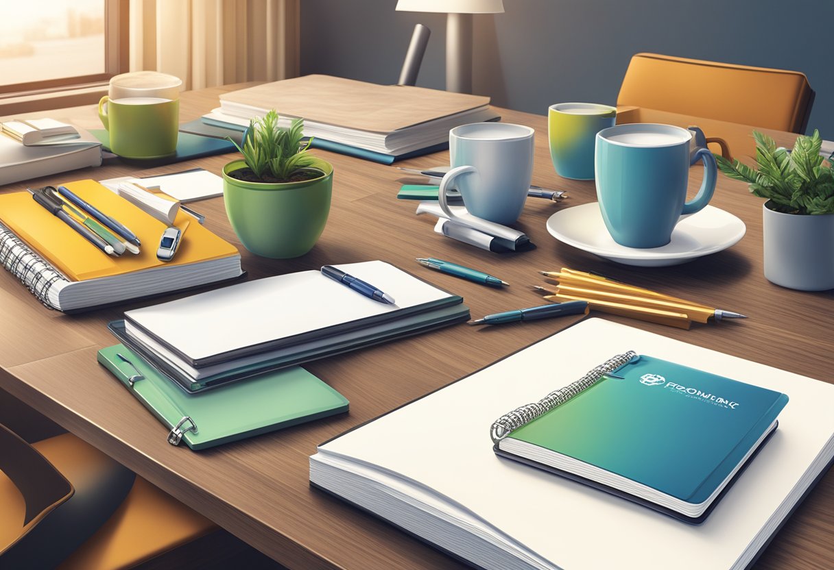 A table with various customizable gift items, such as mugs, notebooks, and pens, displayed in a corporate setting with the company logo prominently featured