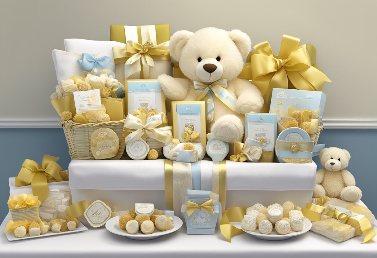 A table displays a variety of elegant corporate baby gift baskets, filled with plush toys, baby essentials, and gourmet treats. The baskets are adorned with ribbons and bows, creating a sophisticated and luxurious presentation