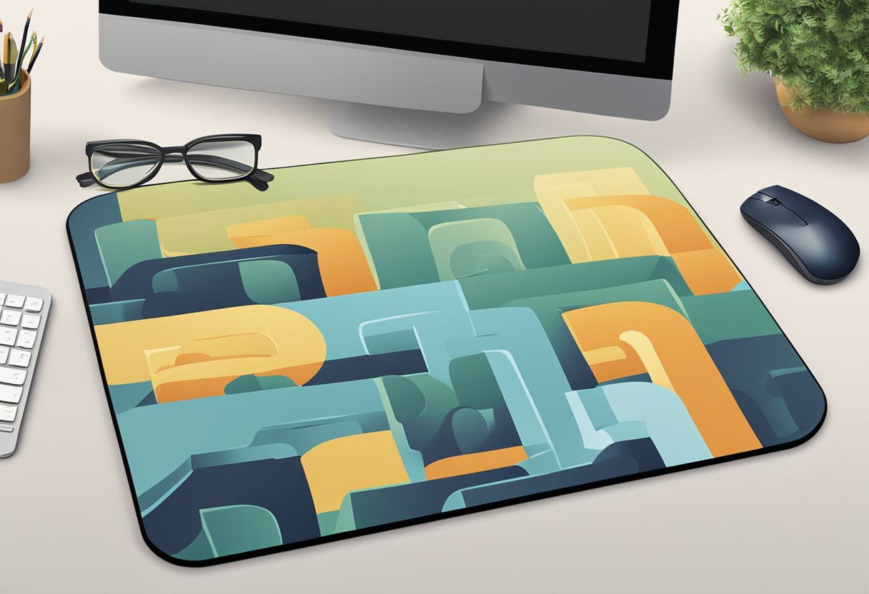 A mouse pad with "Frequently Asked Questions" text is placed on a desk. The desk is customized with a unique design