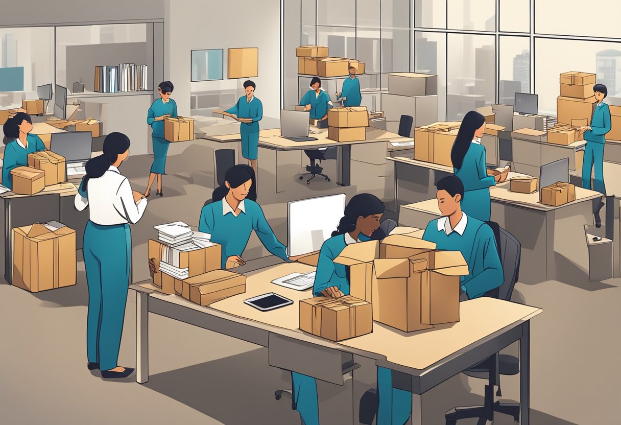 A busy office with employees receiving branded gifts from a supplier. Boxes and packages stacked on desks, logoed items being unwrapped and admired