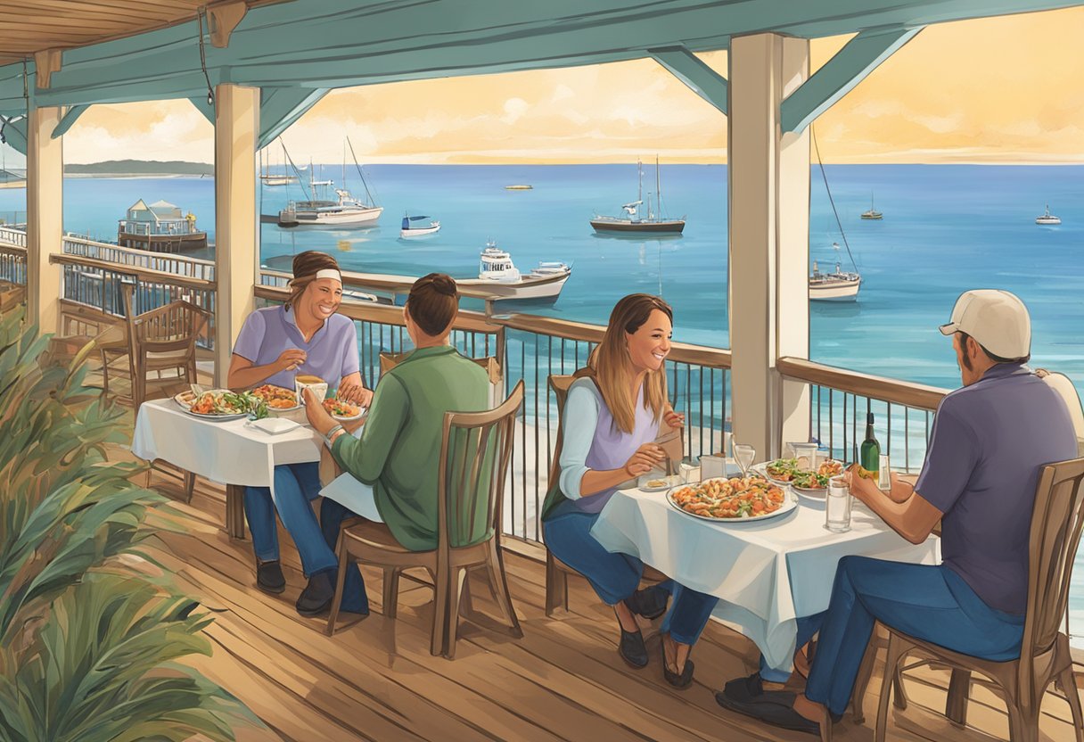 Customers savoring freshly caught seafood dishes at Lorne's Culinary Delights restaurant on the pier, with a picturesque view of the ocean in the background