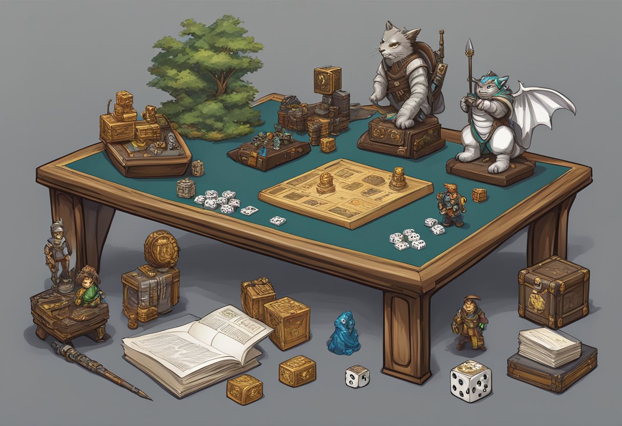 A table with DnD themed corporate gifts displayed, including dice sets, mini figurines, and custom character portraits