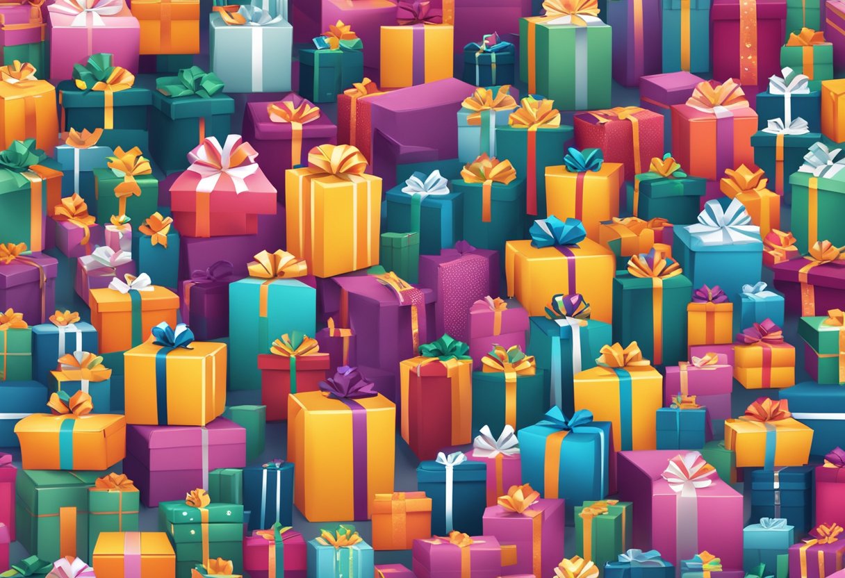 A pile of wrapped gifts with corporate logos, surrounded by smiling recipients