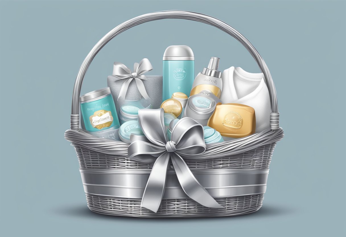 A hand reaches for a sleek, silver gift basket filled with luxurious baby items, carefully selecting the perfect corporate baby gift