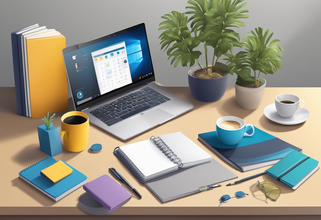 A table displays branded gift items like notebooks, mugs, and tech gadgets. A banner with the company logo hangs in the background