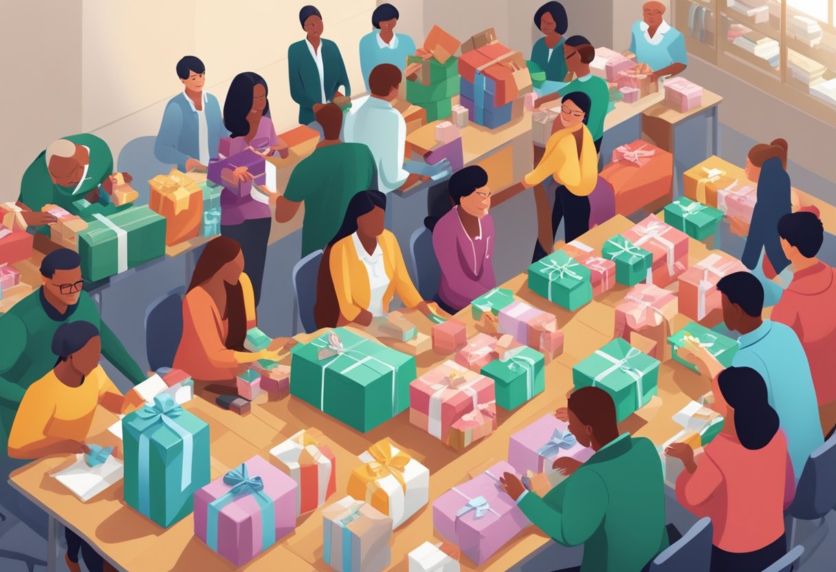 A group of corporate employees gather around a table, packaging and organizing Christmas donation gifts for beneficiaries. Boxes and gift bags are stacked neatly as they work together to spread holiday cheer