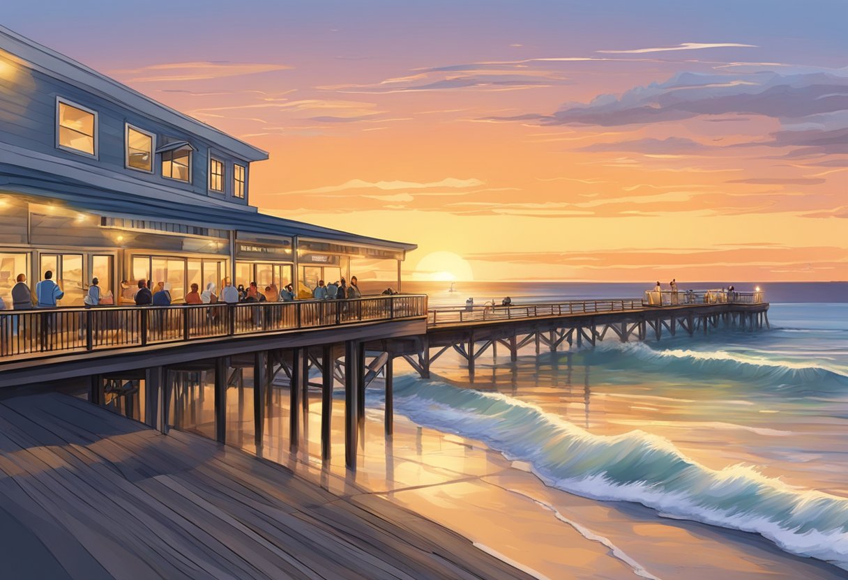 The sun sets over Lorne Pier, casting a warm glow on the seafood restaurant. Diners enjoy fresh seafood while waves crash against the pier