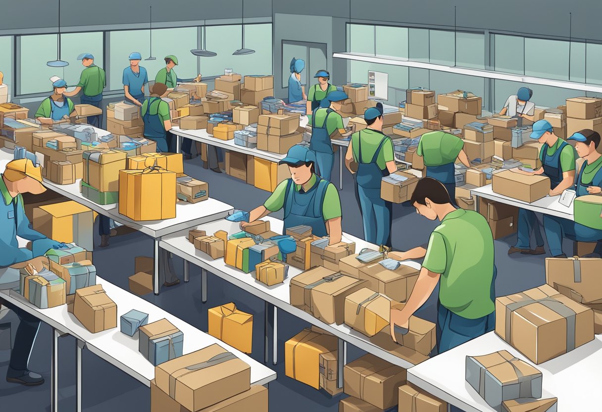 A table filled with branded merchandise and gift boxes, surrounded by busy workers packing and labeling items for corporate gifting