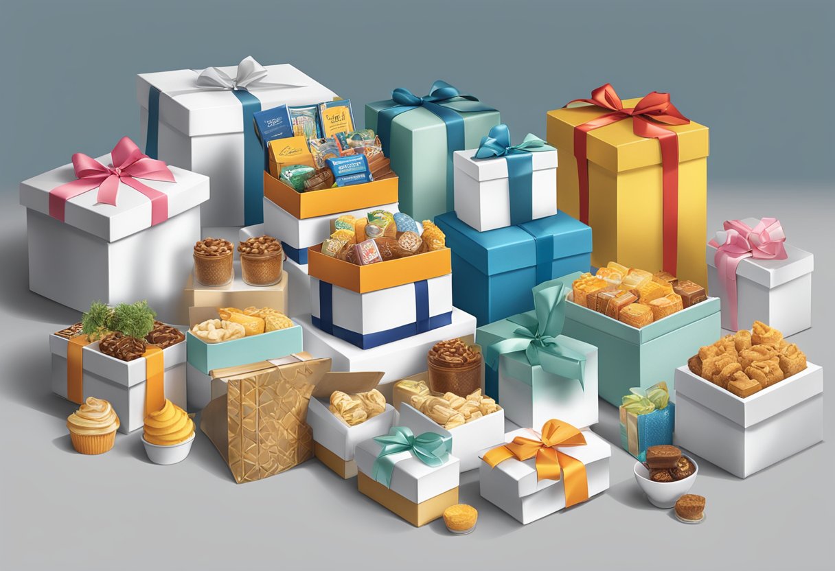 A table displays various corporate gift box ideas, including branded merchandise and gourmet treats