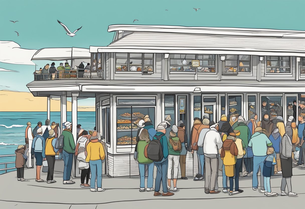 Customers line up outside the Lorne Pier seafood restaurant, eagerly waiting to enter. The smell of fresh fish and chips fills the air as seagulls circle overhead