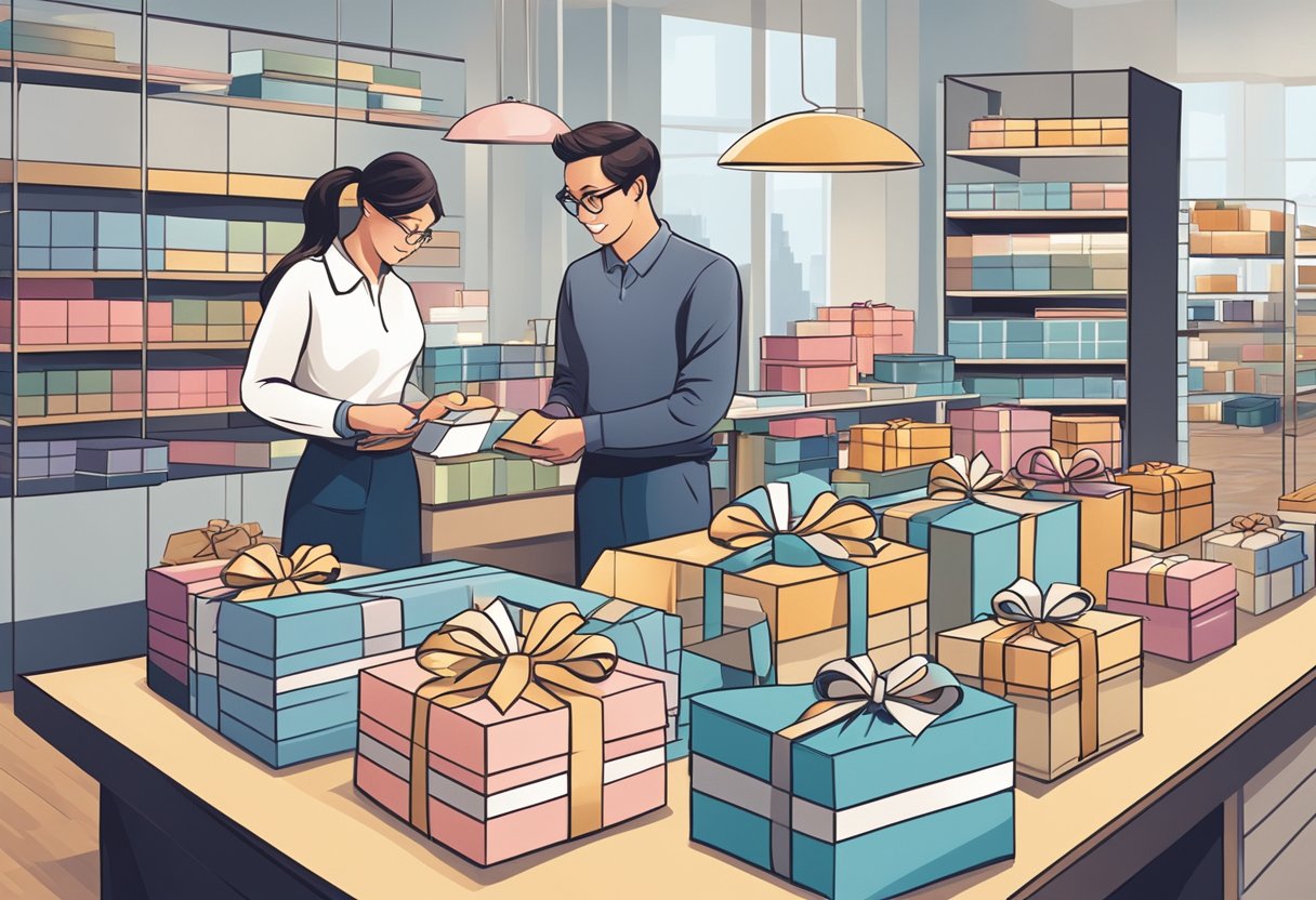 A corporate gift supplier arranging a variety of high-quality gifts in a well-lit showroom