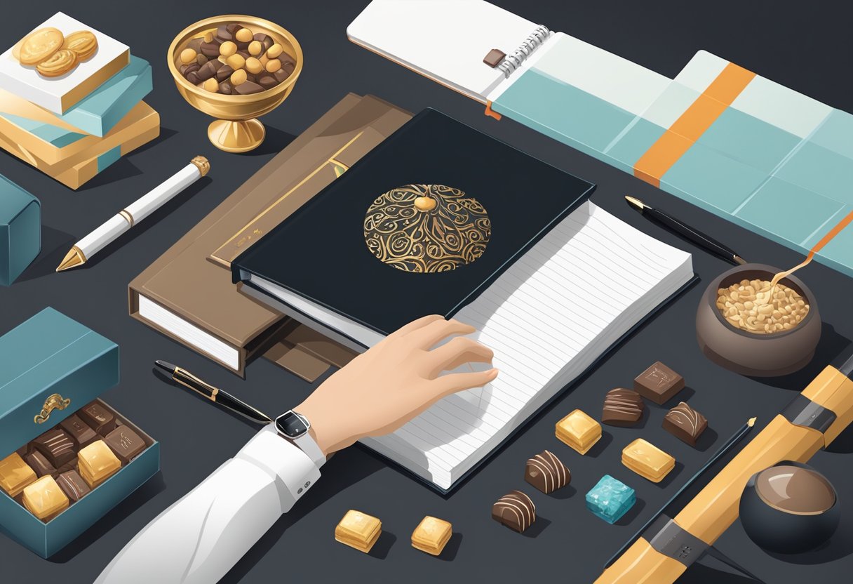A hand reaches into a sleek, black gift box, filled with luxurious items like a branded notebook, high-quality pen, and gourmet chocolates