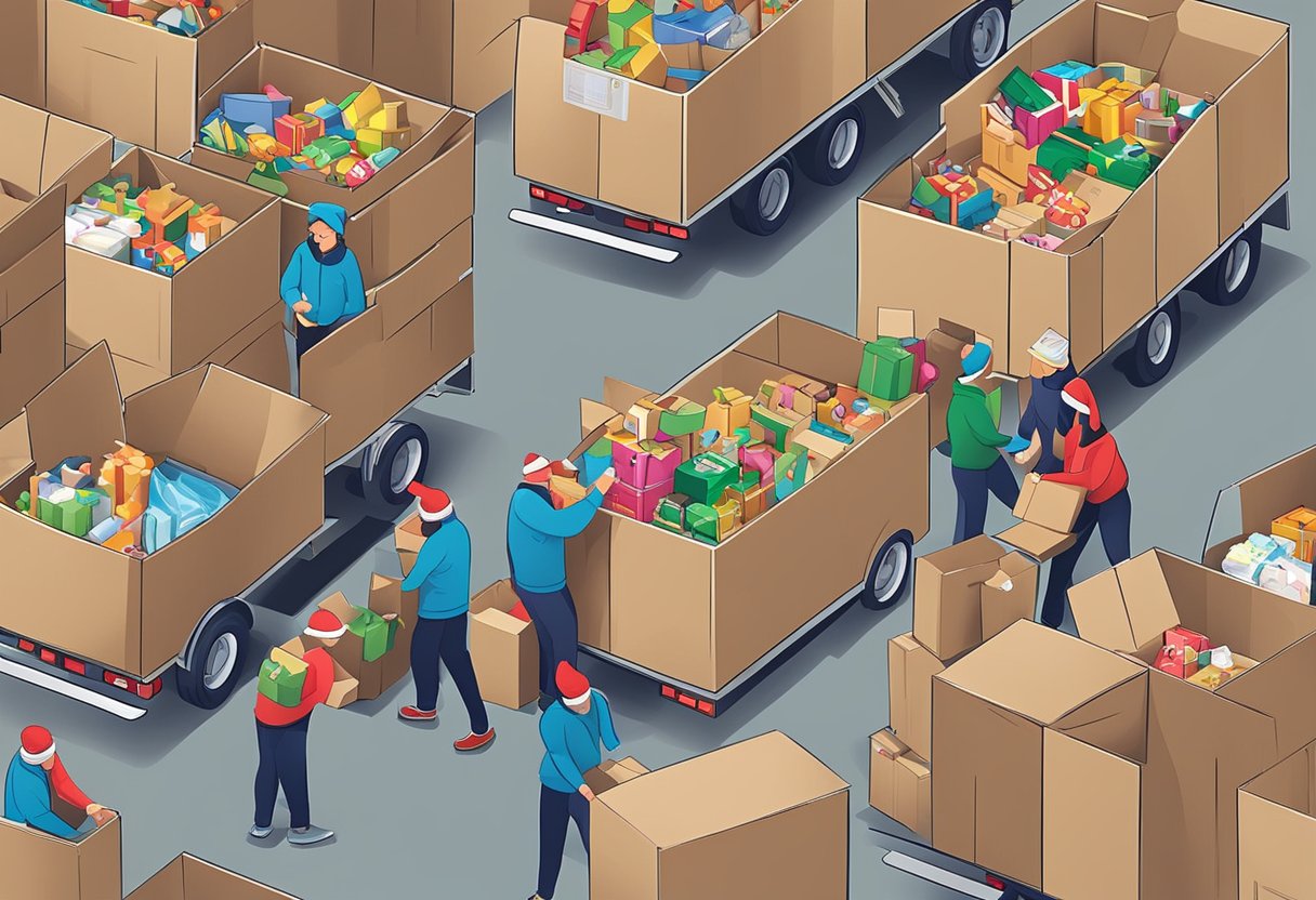 Employees pack and load boxes of toys, clothes, and food onto trucks for the Christmas Donation Drive