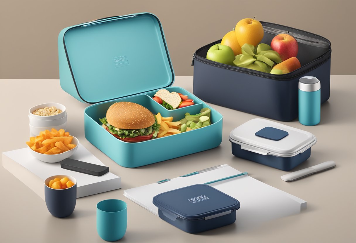 A sleek, branded lunch box sits on a modern office desk, surrounded by neatly arranged corporate gifts and promotional materials