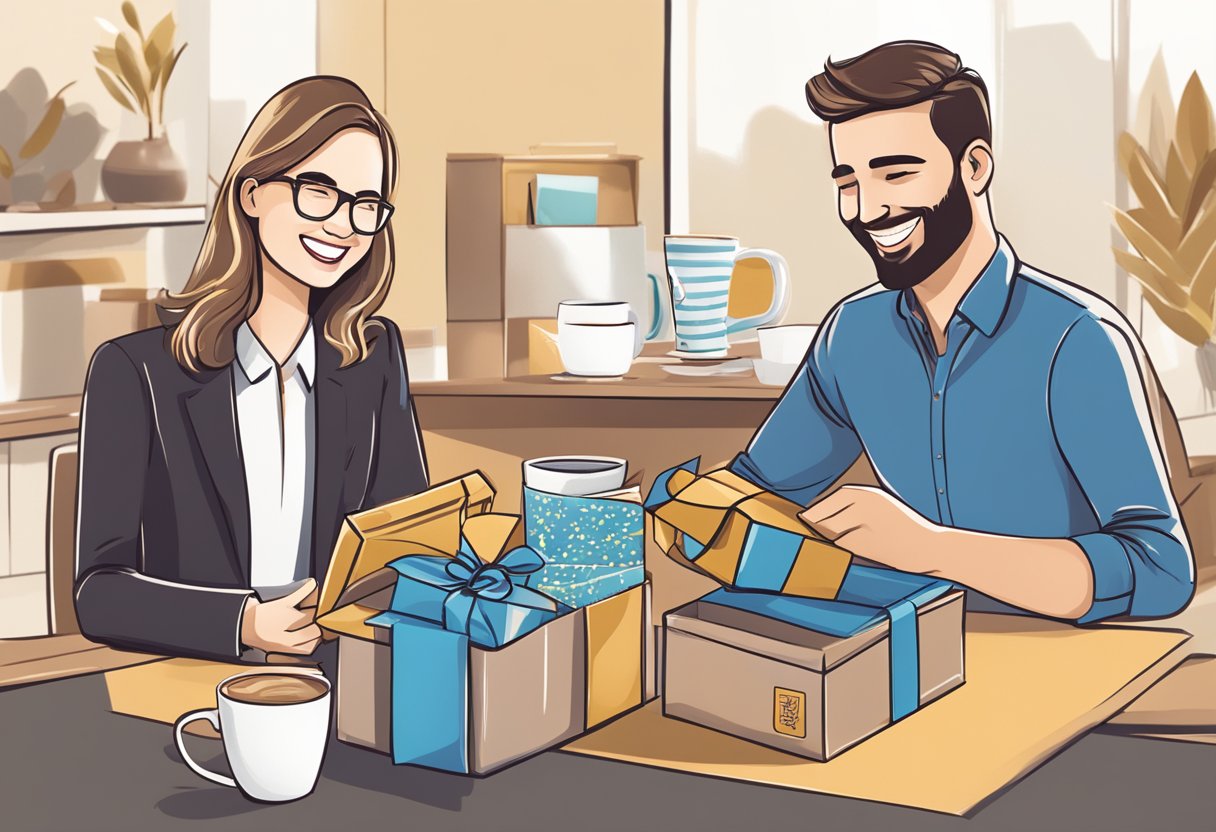 A corporate gift box is open, revealing branded items like mugs, notebooks, and chocolates. A client and employee are smiling as they exchange gifts
