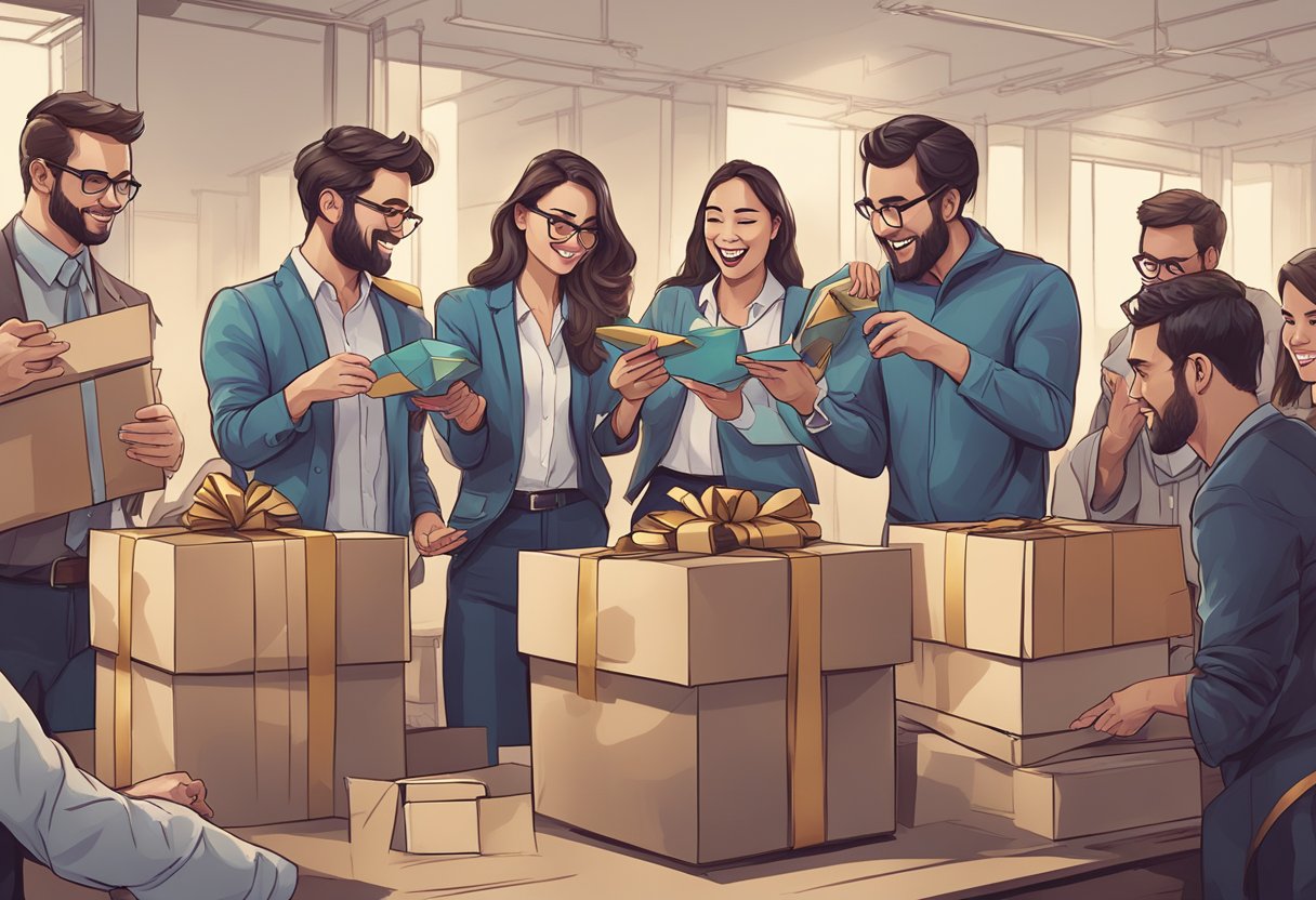 A group of corporate employees receiving and unwrapping custom DND-themed gifts with excitement and curiosity
