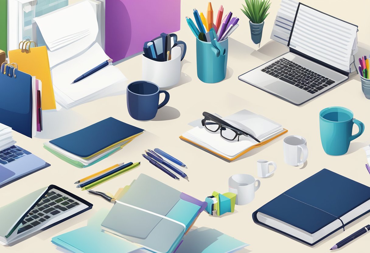 A table with various corporate gifts displayed, including mugs, pens, and notebooks. A banner with "Frequently Asked Questions" is hung above the table