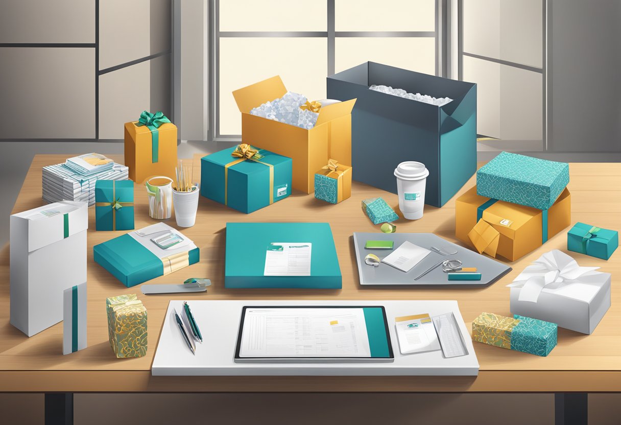 A table with various corporate gift options displayed, surrounded by delivery packaging and customization materials