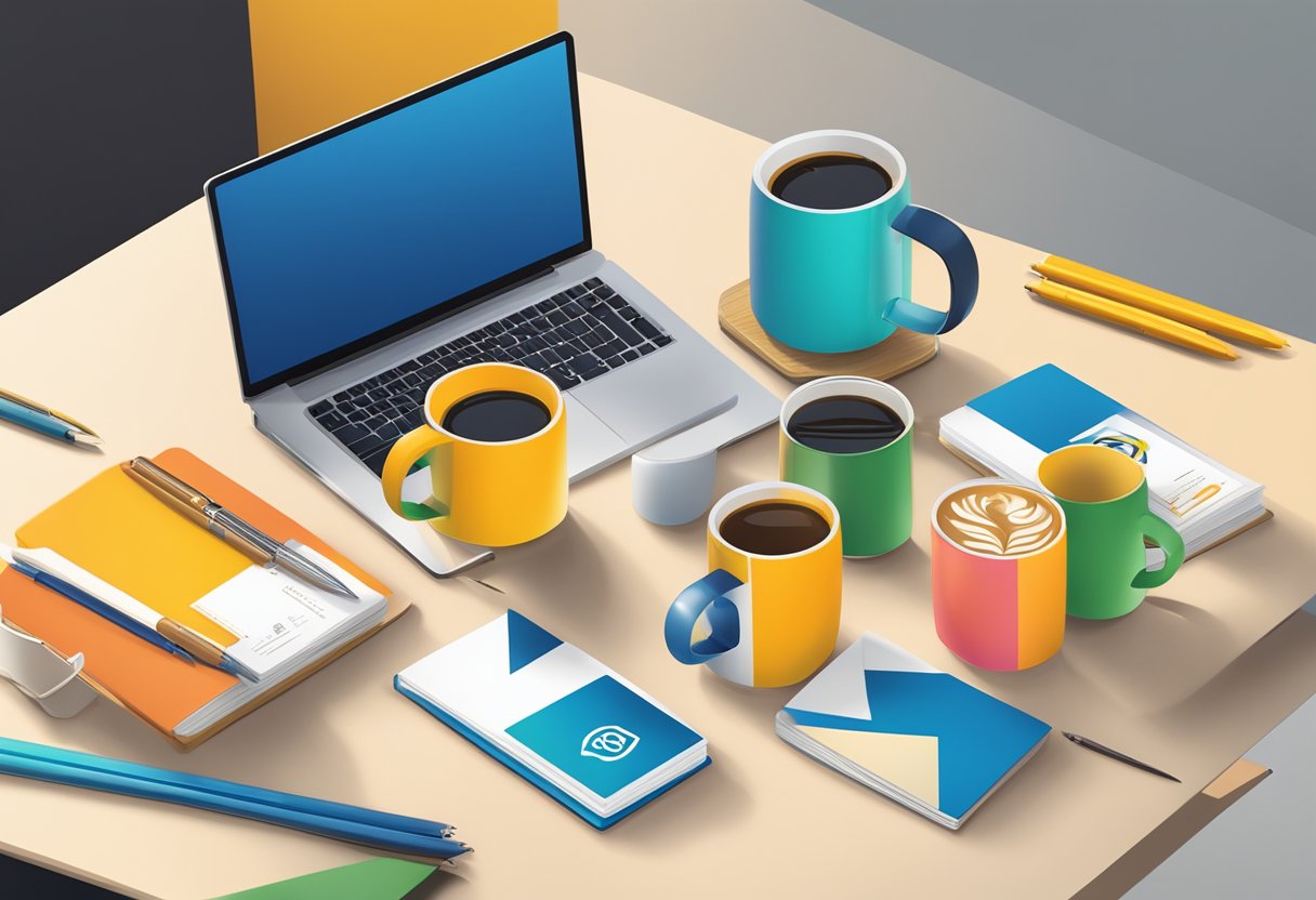 A table with branded mugs, notebooks, and pens. A logo prominently displayed on each item. Bright colors and sleek designs