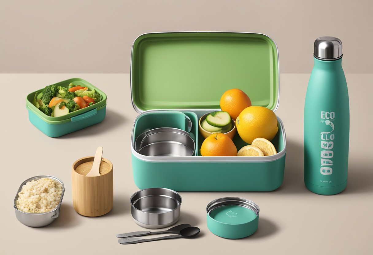 A sleek, branded lunch box sits open, revealing a stainless steel water bottle, a reusable bamboo utensil set, and a set of eco-friendly food containers