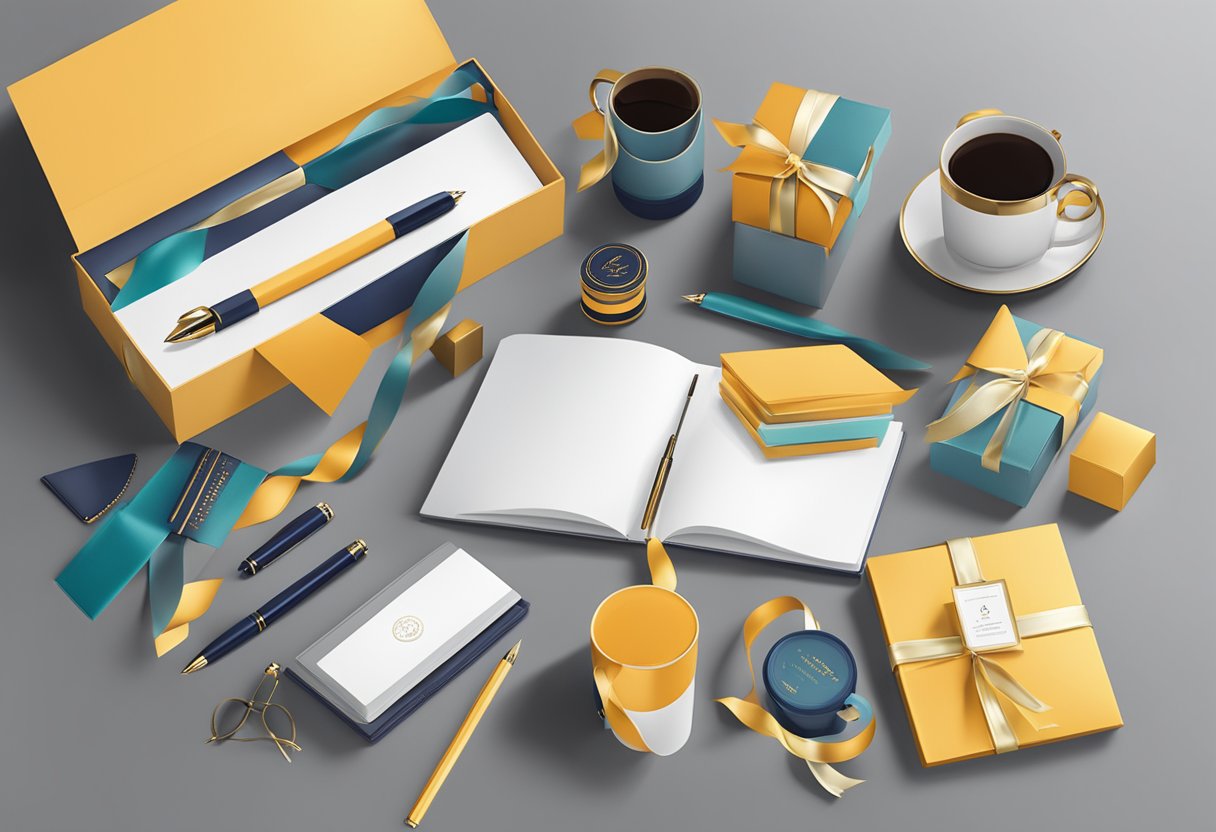 A table filled with various corporate gift items: branded pens, notebooks, mugs, and luxury chocolates. Bright packaging and elegant ribbons add a touch of sophistication