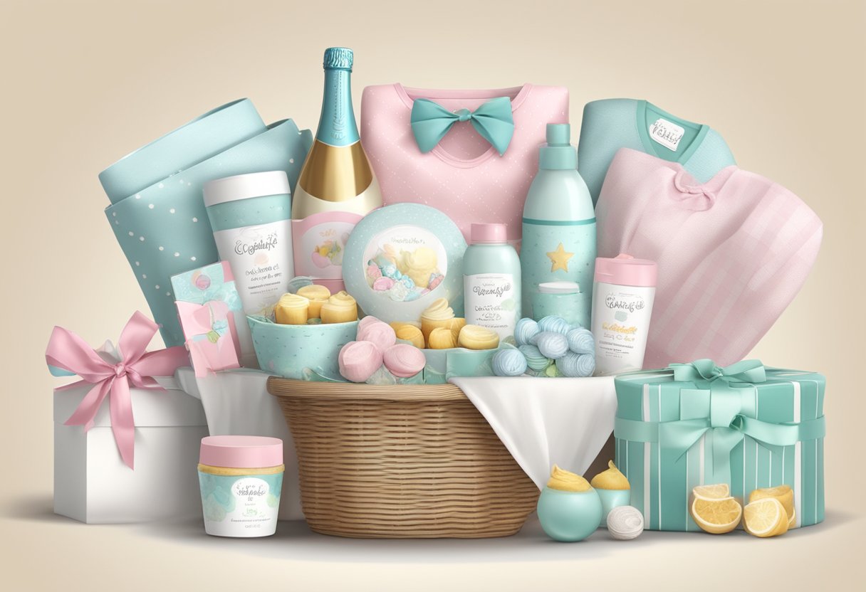 A table adorned with stylish and luxurious corporate baby gift baskets, filled with trendy and practical items for the little one