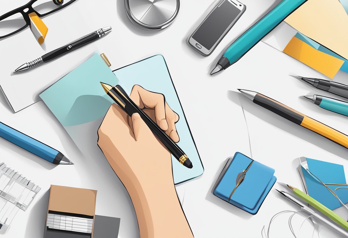 A hand holding a stylus with corporate gifts in the background