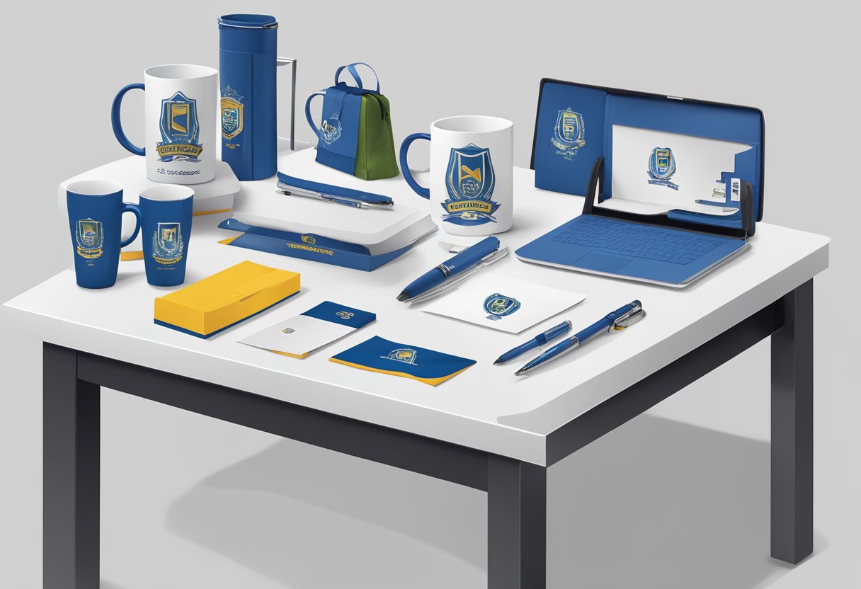 A table displays various corporate gifts: branded pens, custom mugs, engraved trophies, and logo-embroidered apparel