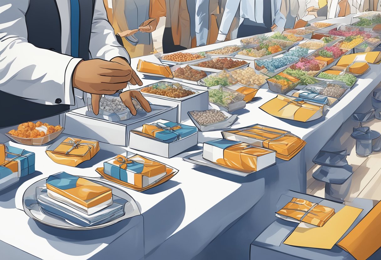 A person carefully choosing corporate gifts from a variety of options displayed on a table at a corporate event
