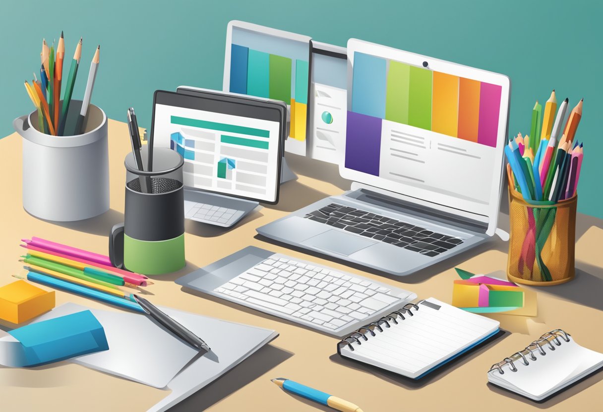 A hand holding a corporate gift stylus, with a company logo on it, surrounded by office supplies and a computer