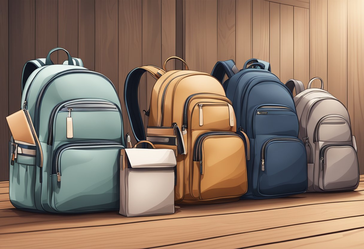 A row of branded backpacks displayed on a polished wooden table, surrounded by sleek office supplies and elegant packaging