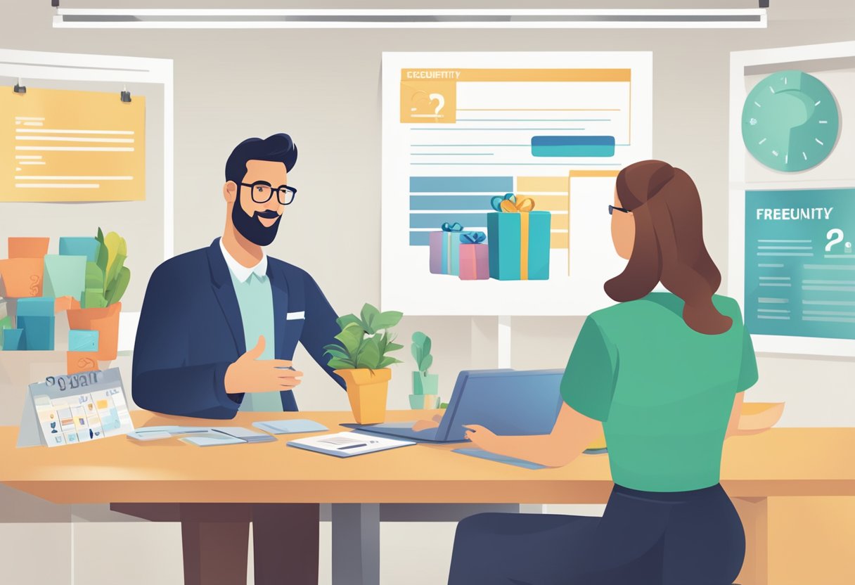 A table with various corporate gift options displayed, a customer service representative assisting a client, and a sign with "Frequently Asked Questions" prominently displayed