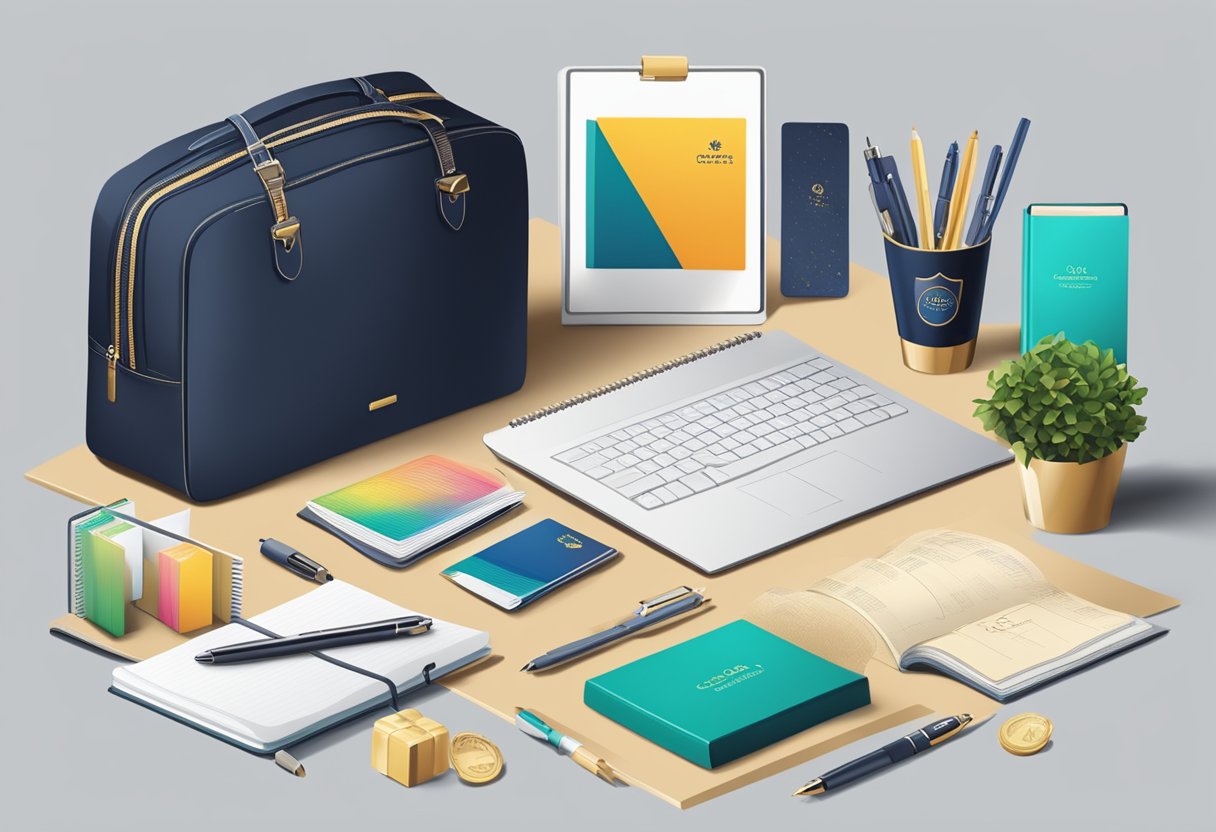 A table displaying various corporate gifts: branded pens, elegant notebooks, tech gadgets, and gourmet gift baskets. A banner in the background reads "Types of Corporate Gifts and Their Impact."