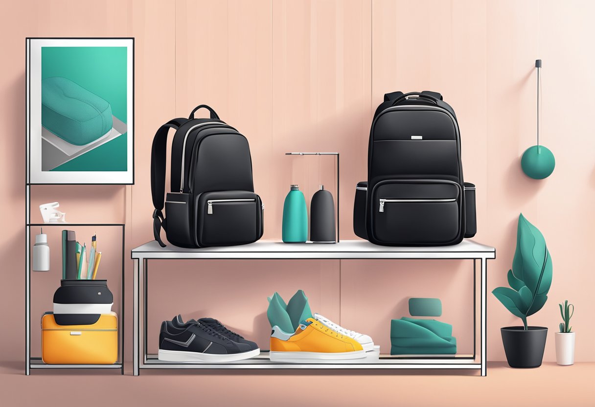 A hand reaches for a sleek, black corporate gift backpack on a display shelf, surrounded by other stylish options