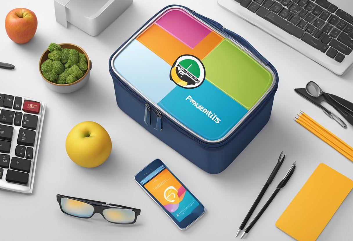 A colorful lunch box with "Frequently Asked Questions" logo, filled with various corporate gifts, placed on a sleek office desk