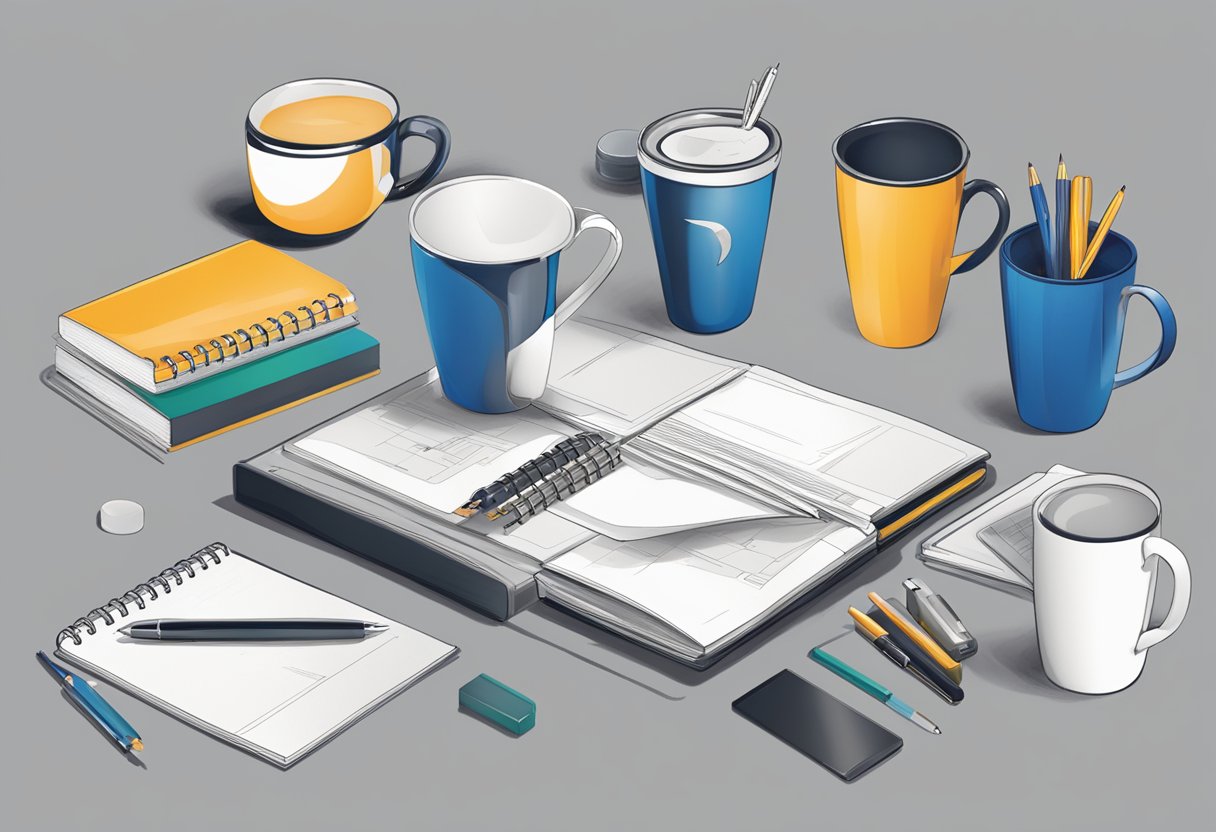 A table adorned with branded merchandise, including mugs, pens, and notebooks. A company logo prominently displayed on each item