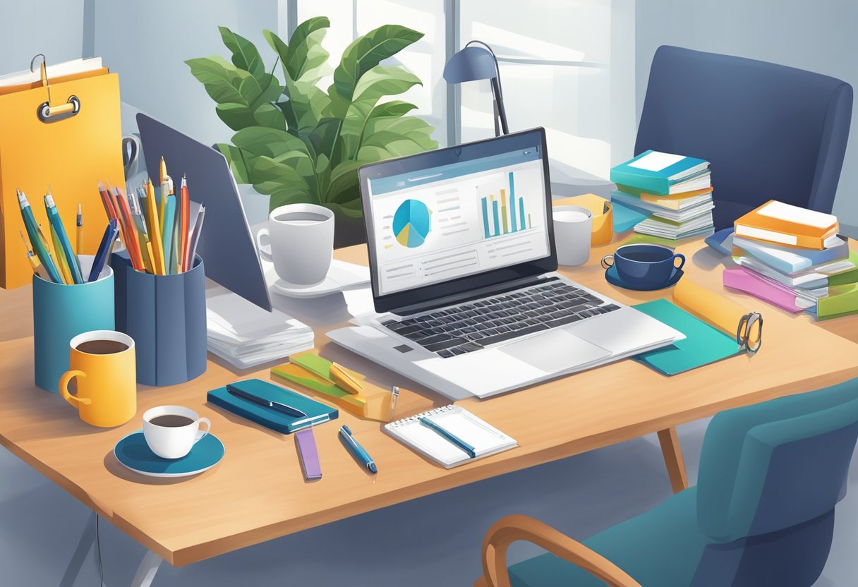A table displays various corporate gifts under $5. Items include pens, notebooks, mugs, and keychains. The setting is a well-lit office space with a clean and organized display